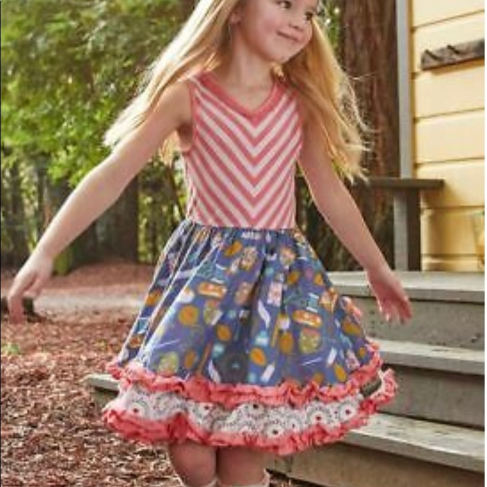 Matilda Jane Size 4 Work of Heart Dress Pink Blue Ruffle Chevron Camp